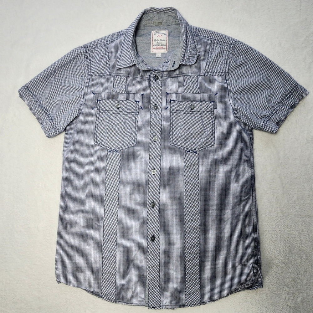 Request Shirt Mens Medium Blue Check Gingham Short Sleeve Cotton Slim Fit Casual